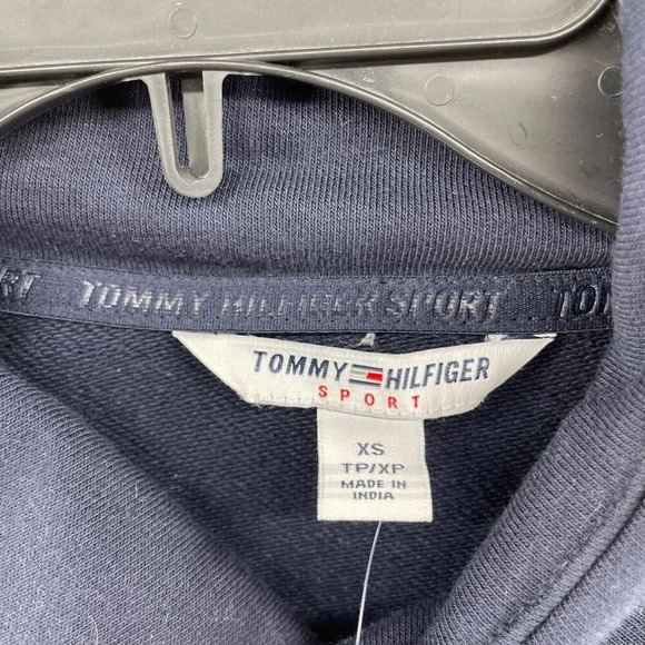 Tommy Hilfiger Sweatshirt Womens XS Navy Blue Mock Neck Ribbed Trim Drawstring - Picture 8 of 11